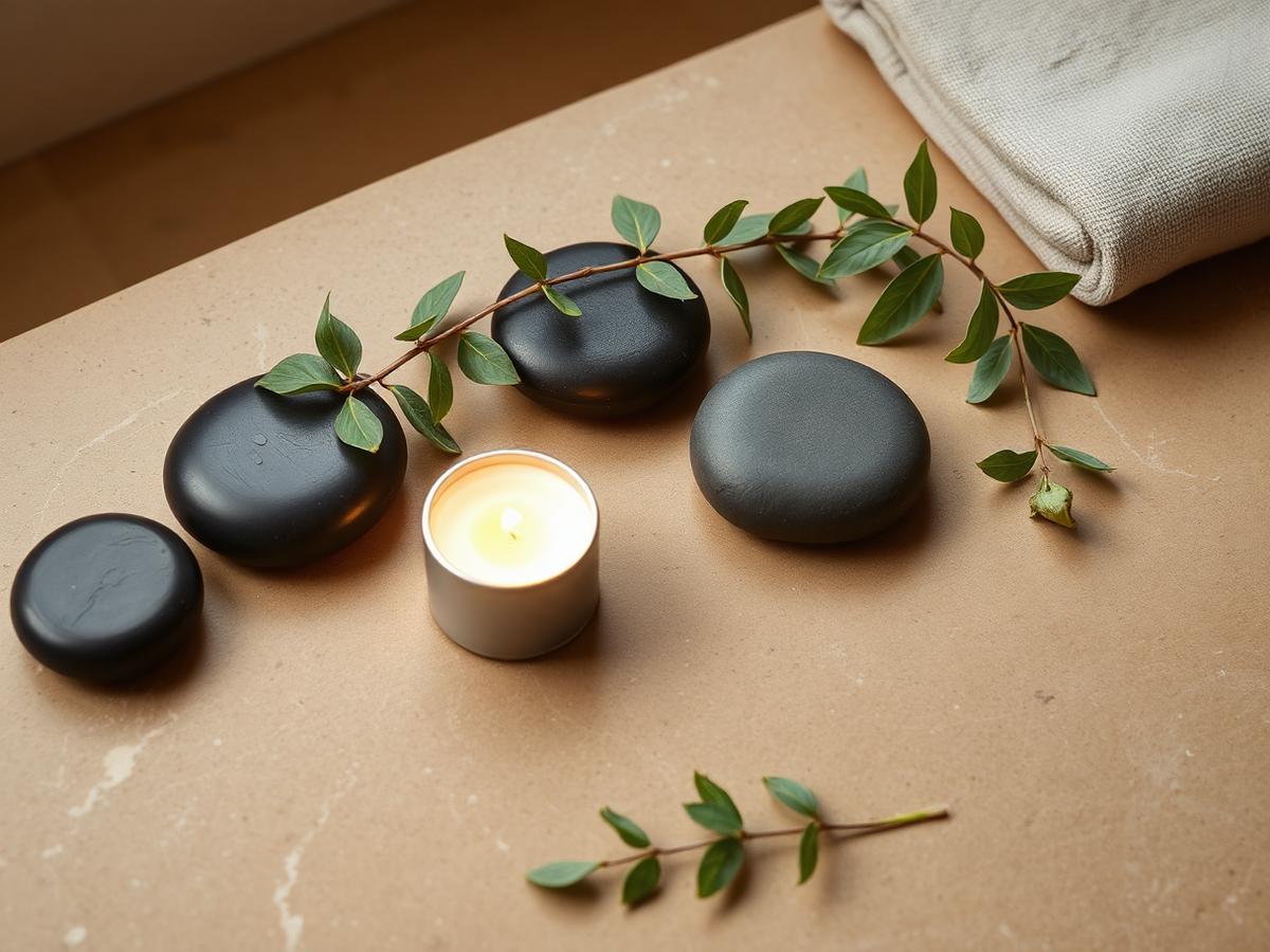 Spa stones and candle arranged on a warm stone surface