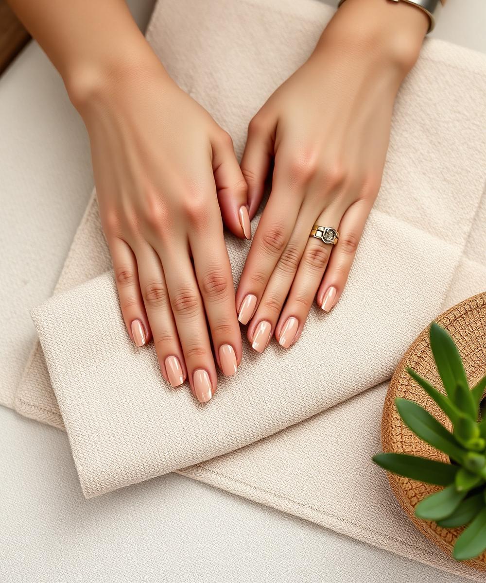 Manicured hands on a linen towel